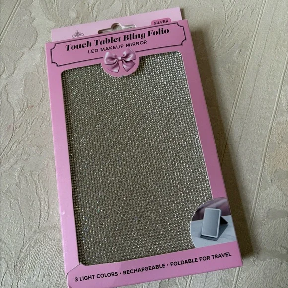 Impressions Vanity LED Light Up Bling Folio Makeup Mirror Silver BNIB